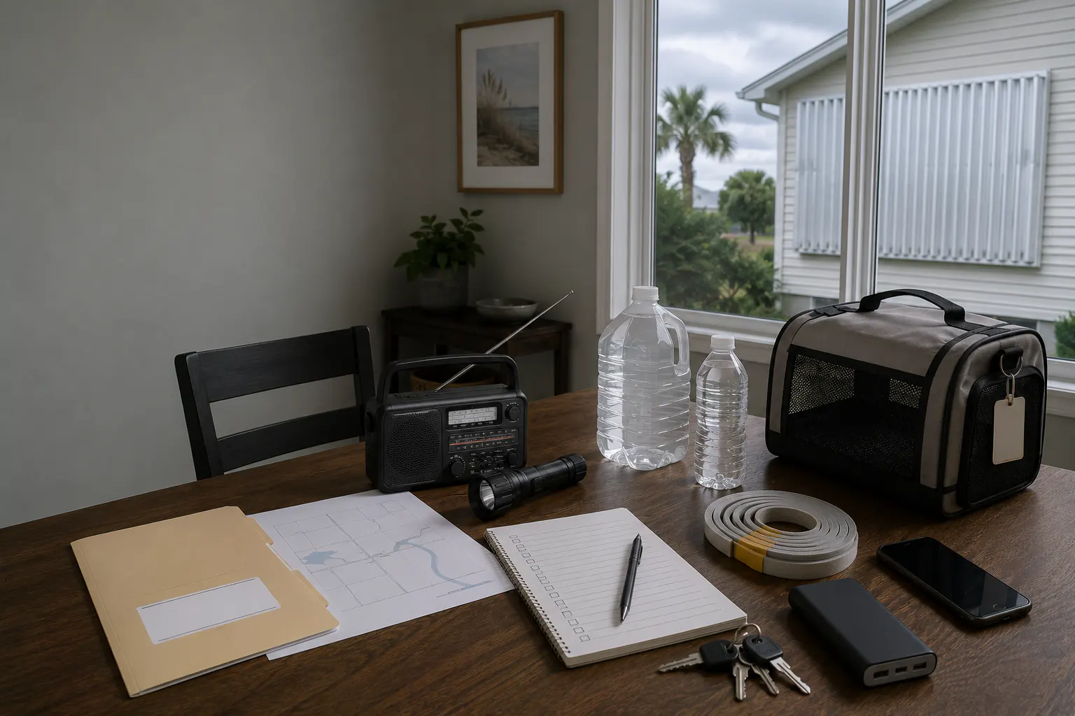 A dining table holding a battery weather radio, flashlight, sealed water bottles, a blank-labeled document folder, a generic area map, a checklist notepad, keys, a power bank, a phone, and a pet carrier, with a shuttered window behind.