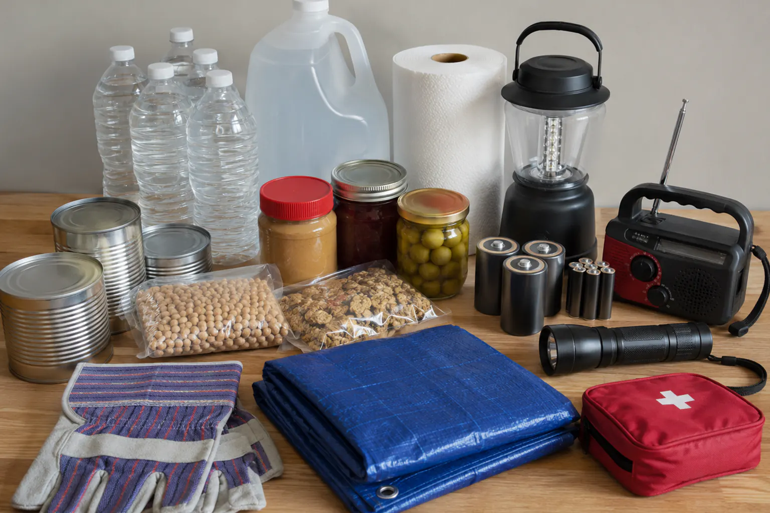 A home hurricane kit laid out on a wood table: sealed water containers, canned and no-cook food, a battery lantern, radio, spare batteries, work gloves, a folded tarp, and a first-aid pouch.
