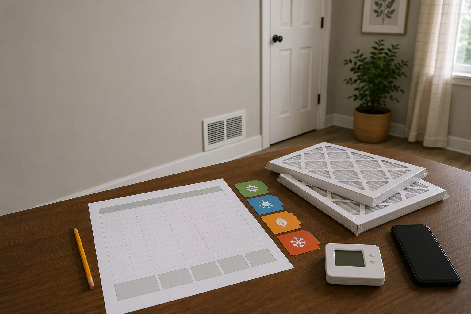 An HVAC-planning table with a blank maintenance sheet, seasonal text-free tabs, a pencil, a generic switched-off thermostat, a phone, and two packaged replacement filters, with an intact wall vent in the background.