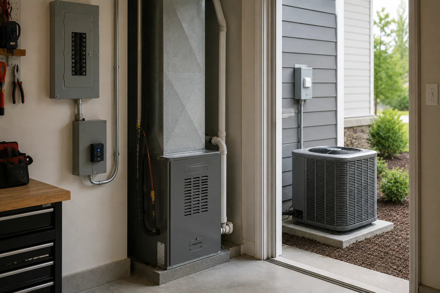 HVAC equipment and electrical service panel in a garage utility area.
