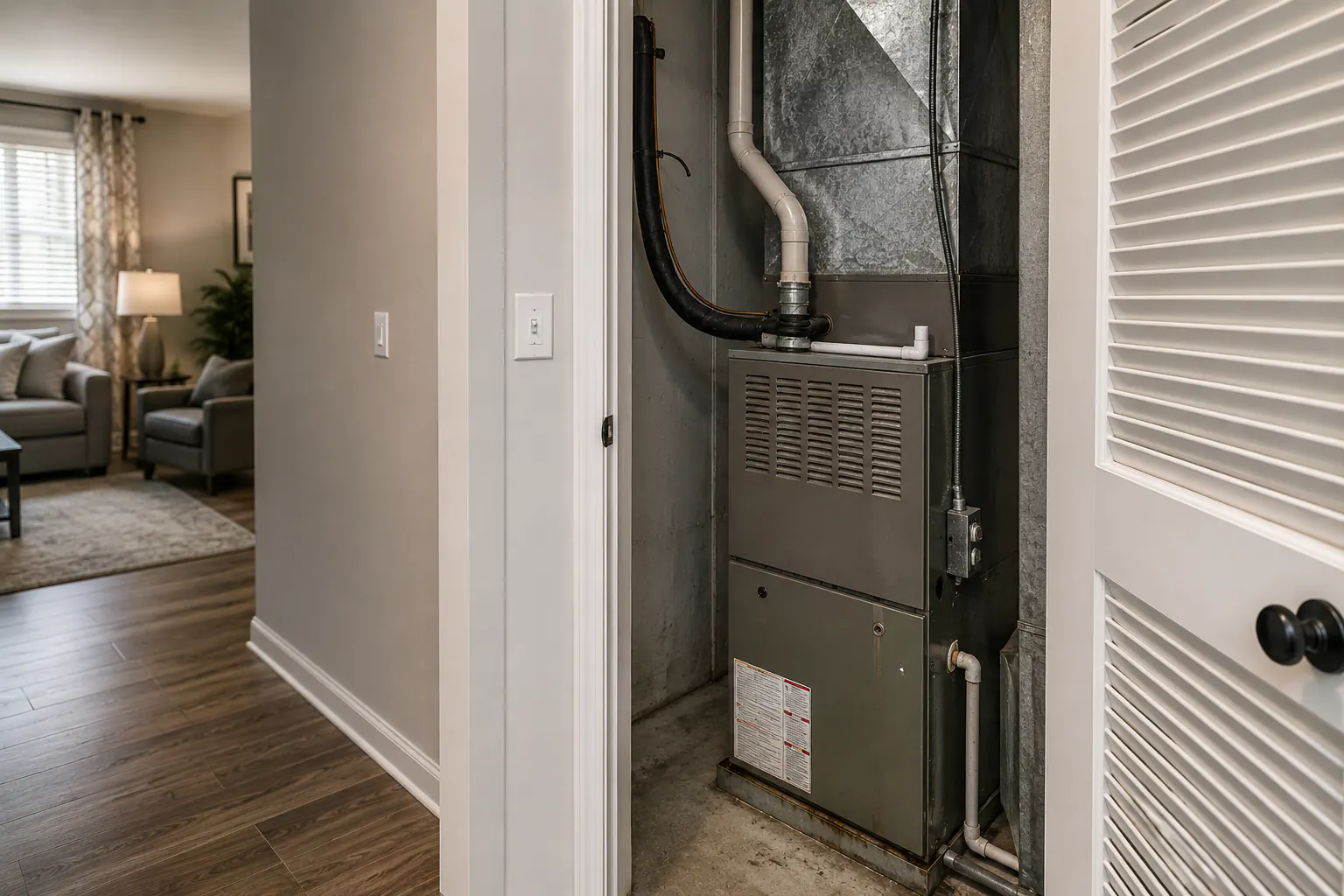 An outdoor HVAC condenser unit beside a house, unbranded and viewed from ground level with clear space around it.