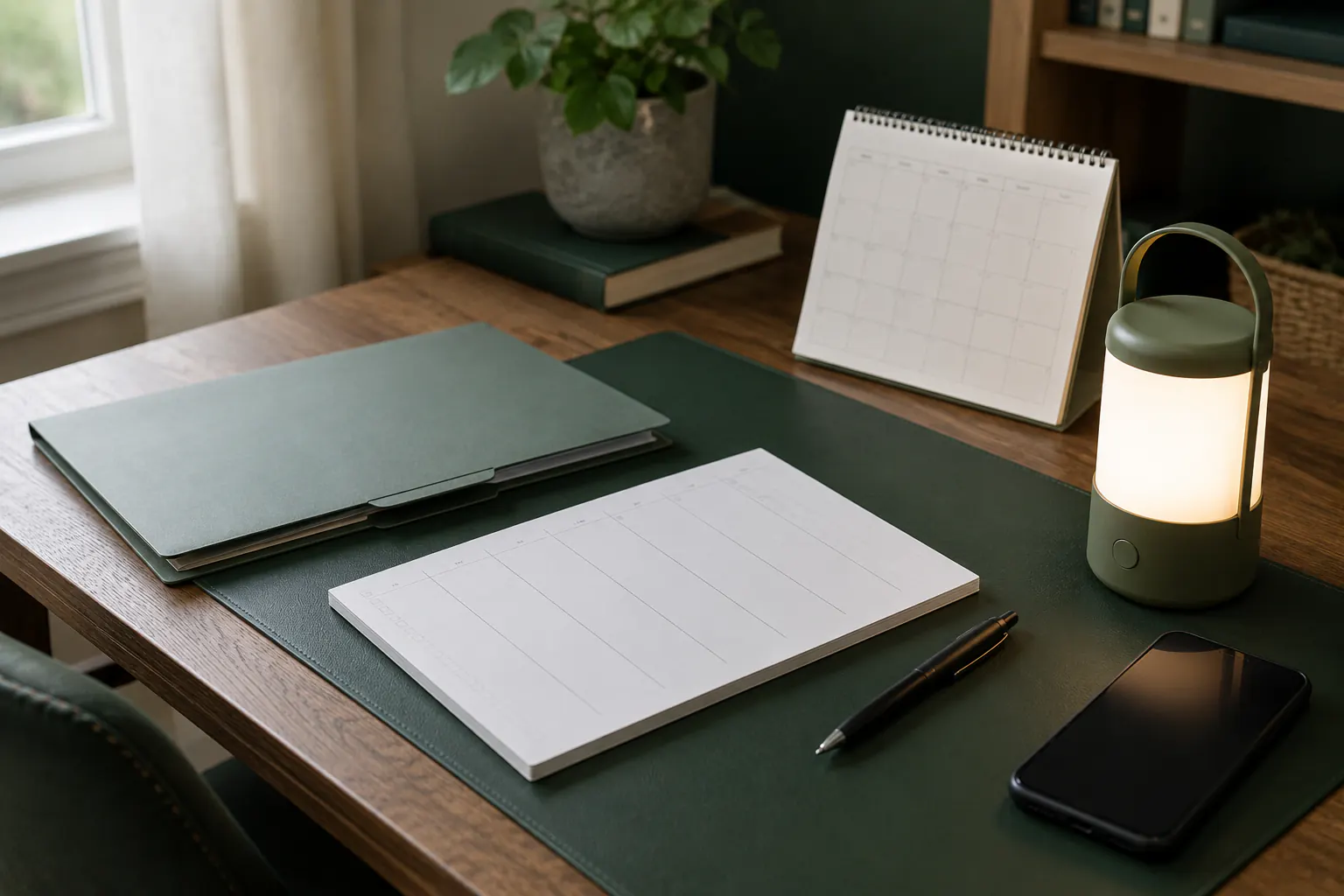 A blank planning pad, a document folder, a desk calendar, a lantern, and a phone on a home-office desk.