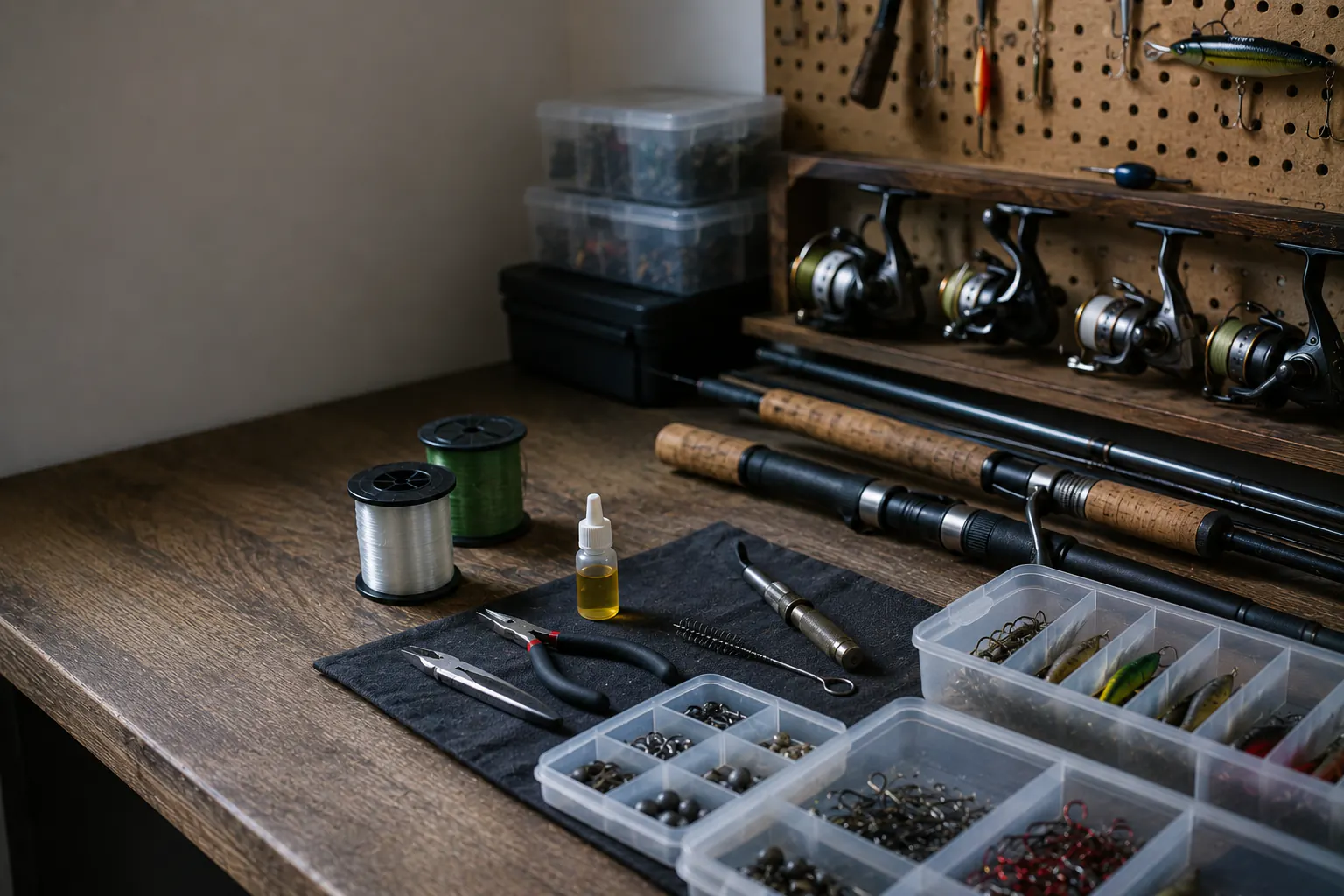 Rods, reels, line, hooks, lures, and a tackle organizer arranged on a wooden work surface.