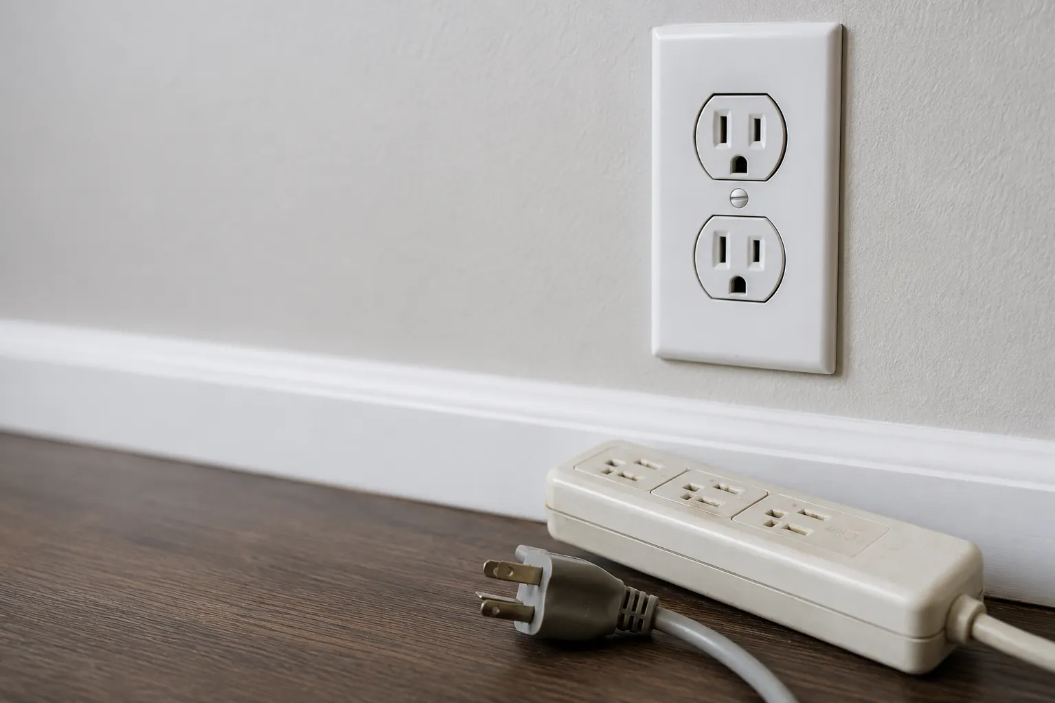 An intact wall outlet above an aged, unplugged power strip and plug lying on a wooden floor.