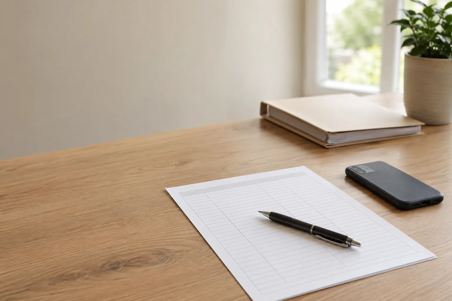 A blank ruled contact sheet with a pen resting on it, next to a phone and a closed notebook on a wood desk.