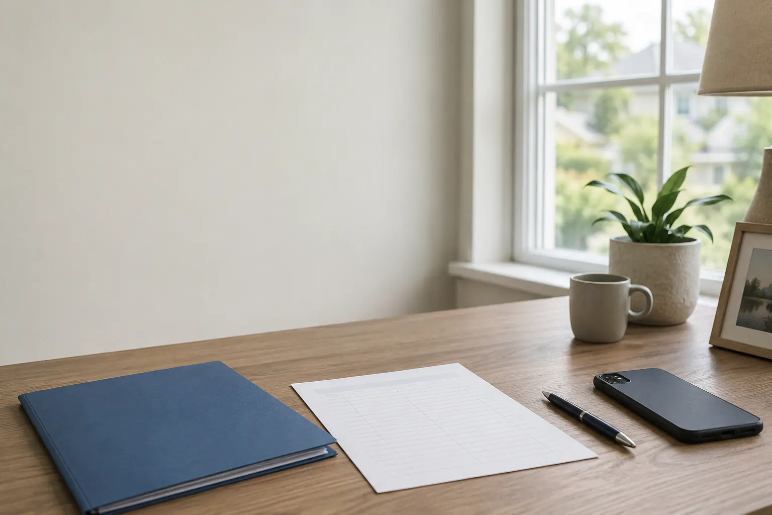 A closed blue folder, a blank contact sheet, a phone, and a pen on a home-office desk near a window.