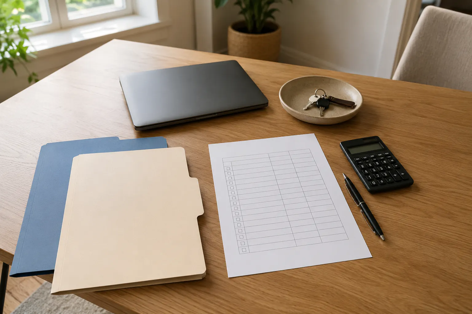A sunlit table with two plain unlabeled folders, a blank ruled comparison sheet with empty checkboxes, a calculator, a pen, a closed laptop, and a dish of house keys.