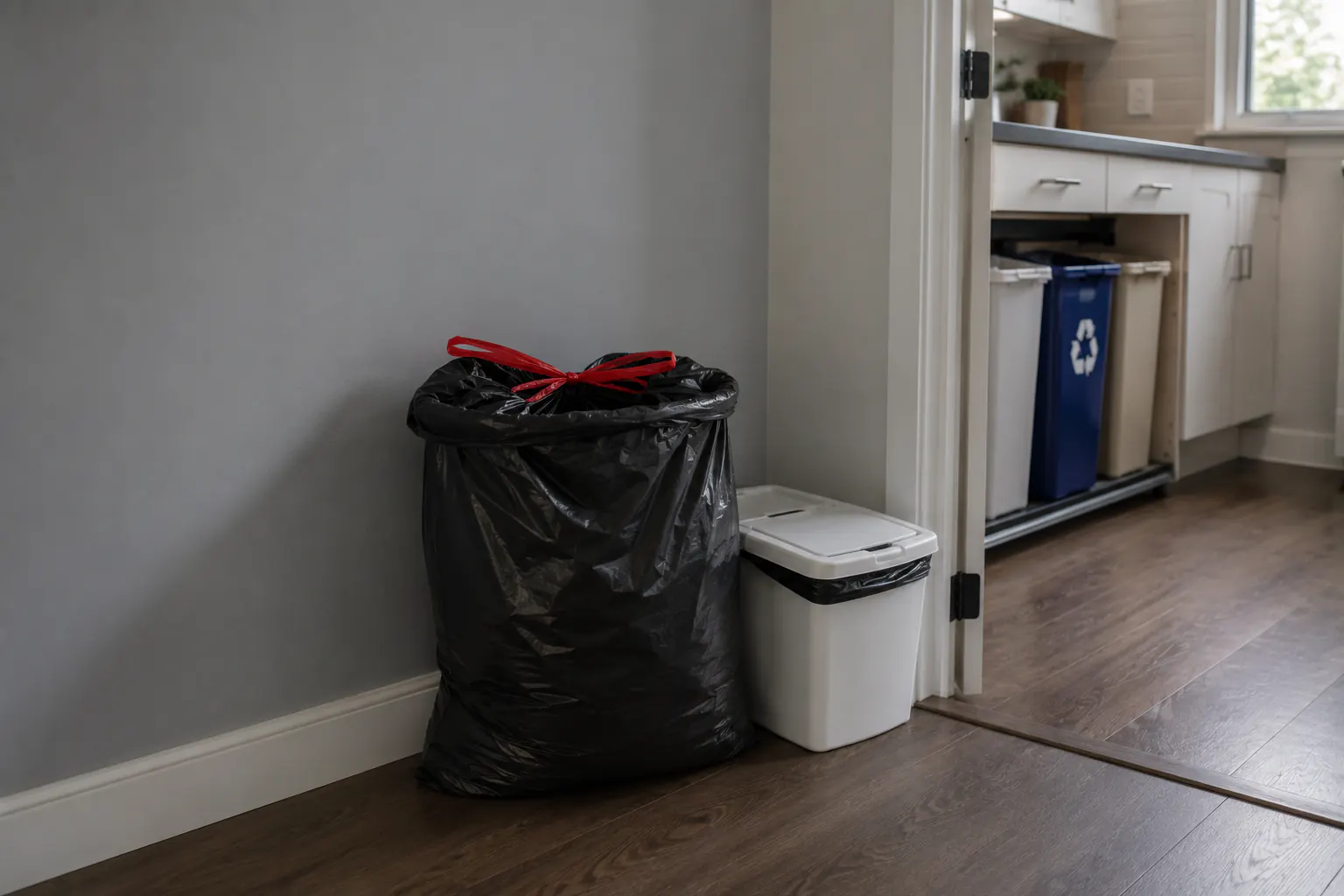 Two lidded household waste containers kept separate on a clean floor, closed and unbranded, well away from a living area.