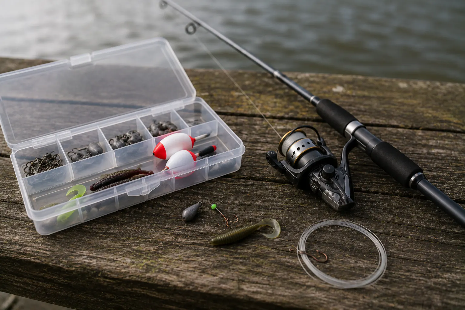 Fishing rods, a reel, a small tackle box, and a landing net laid beside a driveway.