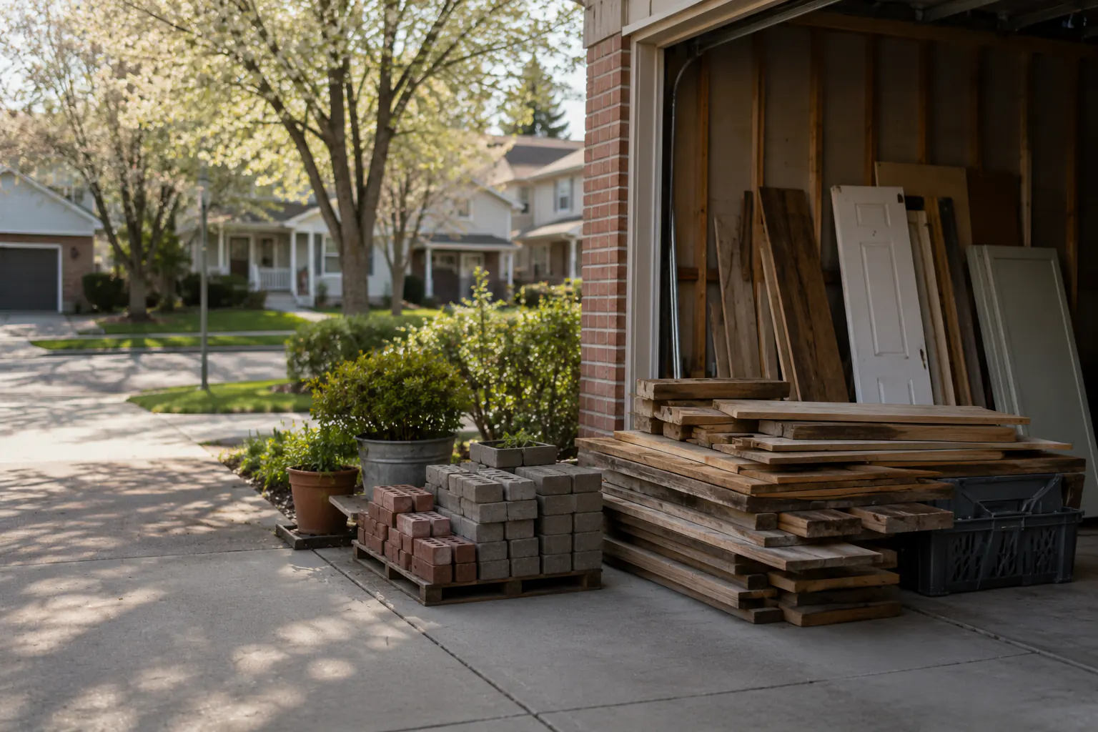 Stacked lumber, bricks, pallets, and reusable household materials in a residential garage.