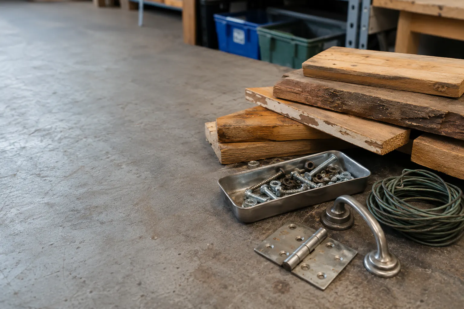 A garage work area with stacked wood, tools, brackets, and reusable building materials.