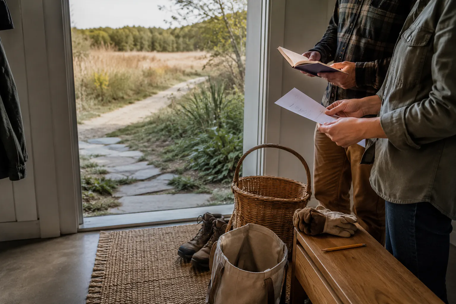 Two people checking a printed rules sheet and a book at a doorway beside an empty basket, boots, and gloves.