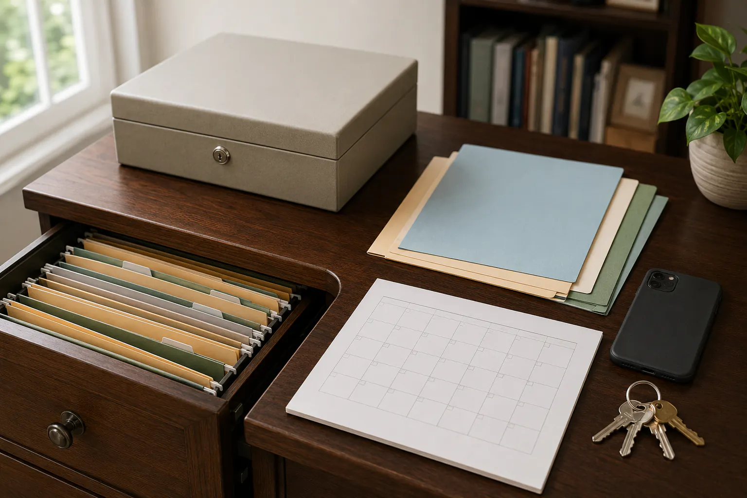 A partly open household file drawer of unlabeled folders beside a closed lockable document box, a blank monthly calendar page, a face-down phone, and a key ring.