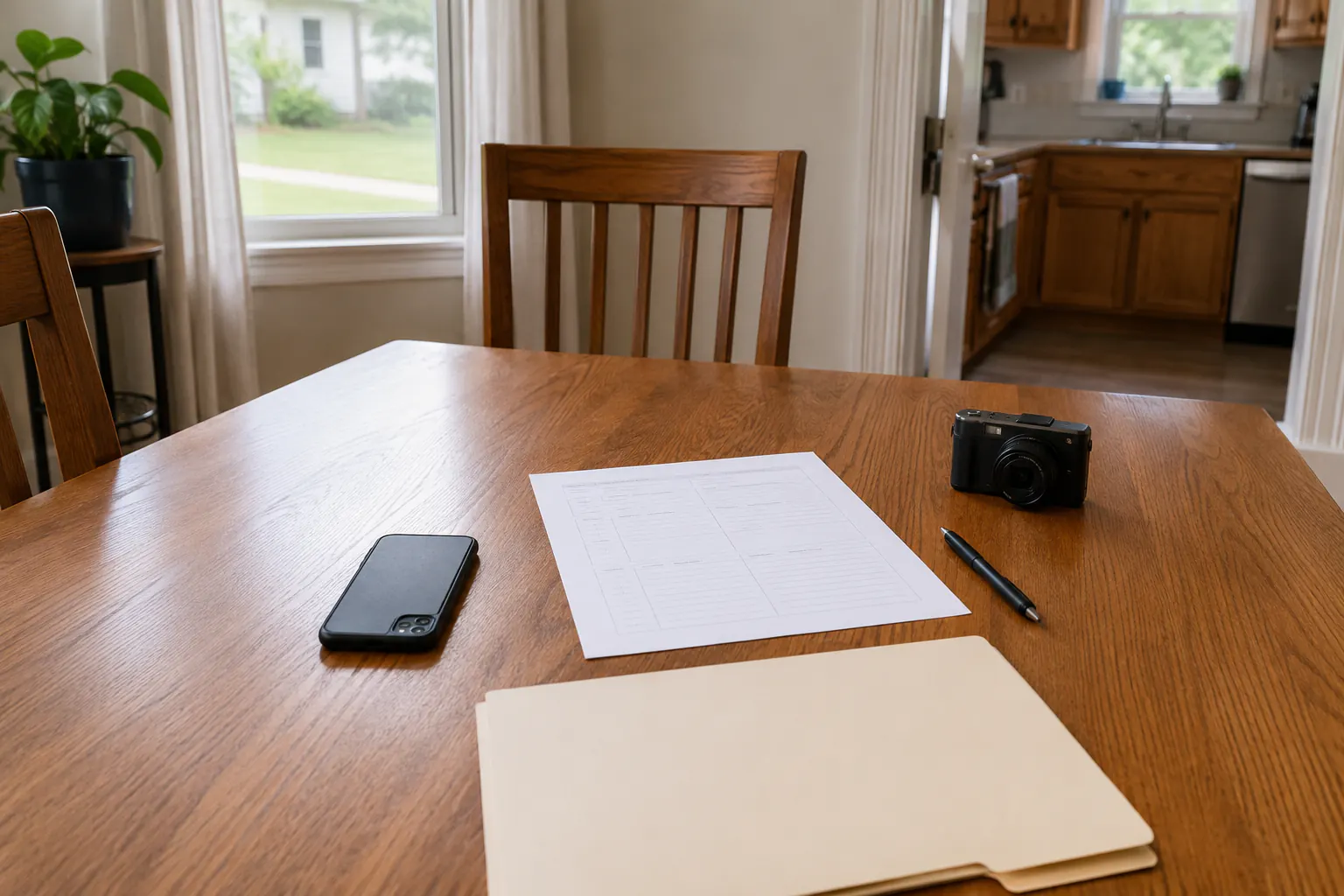A blank room-by-room worksheet with a camera, phone, and folder on a dining table open to a kitchen.