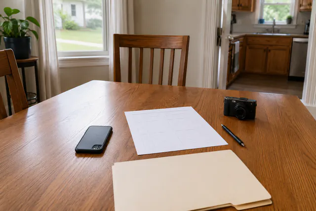 A blank room-by-room worksheet with a camera, phone, and folder on a dining table open to a kitchen.