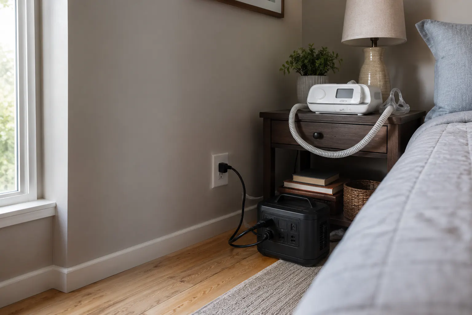 A CPAP machine and mask on a nightstand, with a portable power station charging from a wall outlet below.