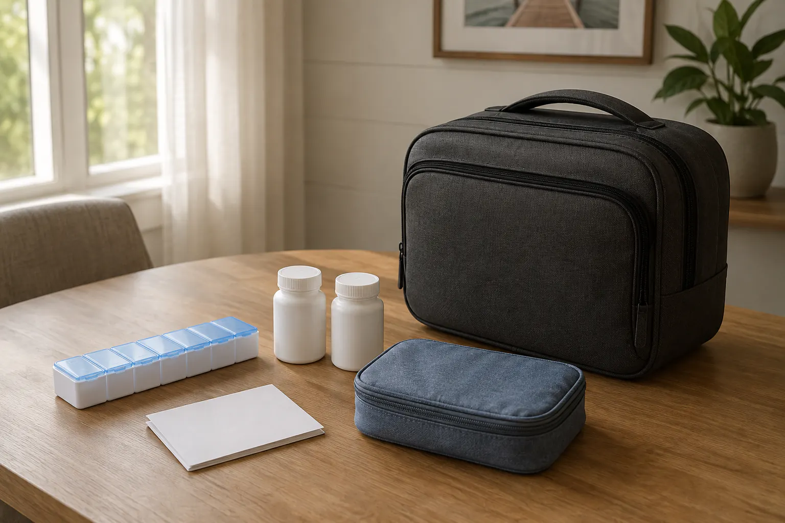 A closed weekly pill organiser, two unlabelled white bottles, a blank card, and a small insulated pouch on a table beside a travel case.