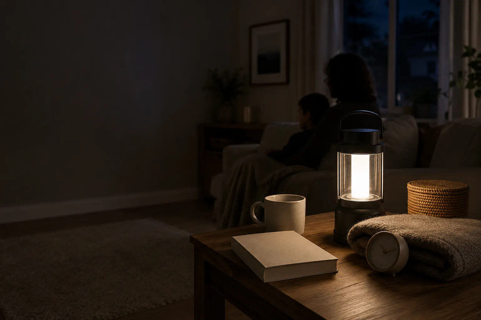 A warm battery lantern, a blank-cover paperback, a mug, a folded blanket, and an unmarked analog clock on a side table during an evening outage, with an adult and child sitting calmly together in soft silhouette on a sofa behind.