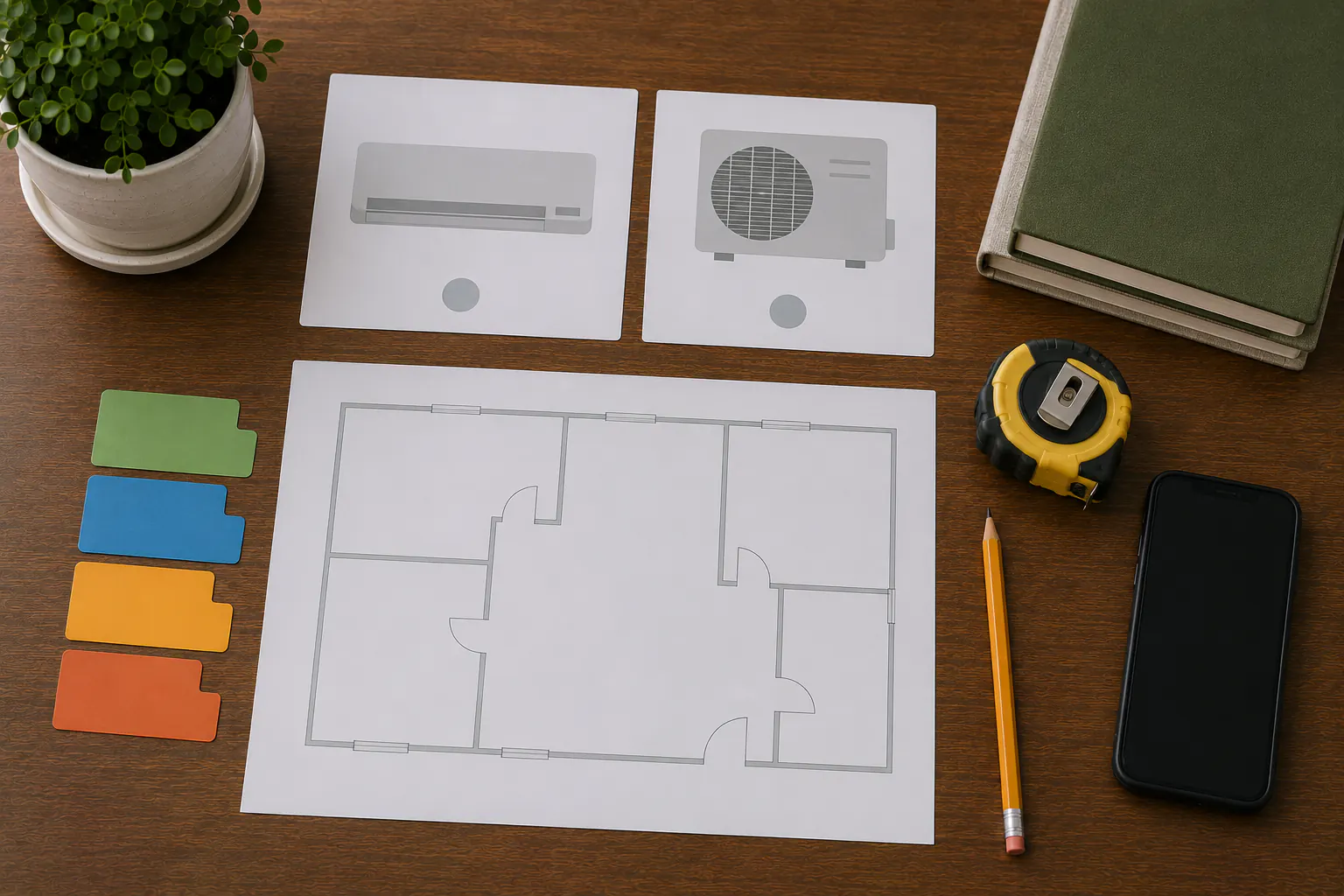 An overhead mini-split planning workspace with two neutral grey silhouettes representing indoor and outdoor units, a generic blank floor-plan outline, text-free tabs, a tape measure, a pencil, and a phone.