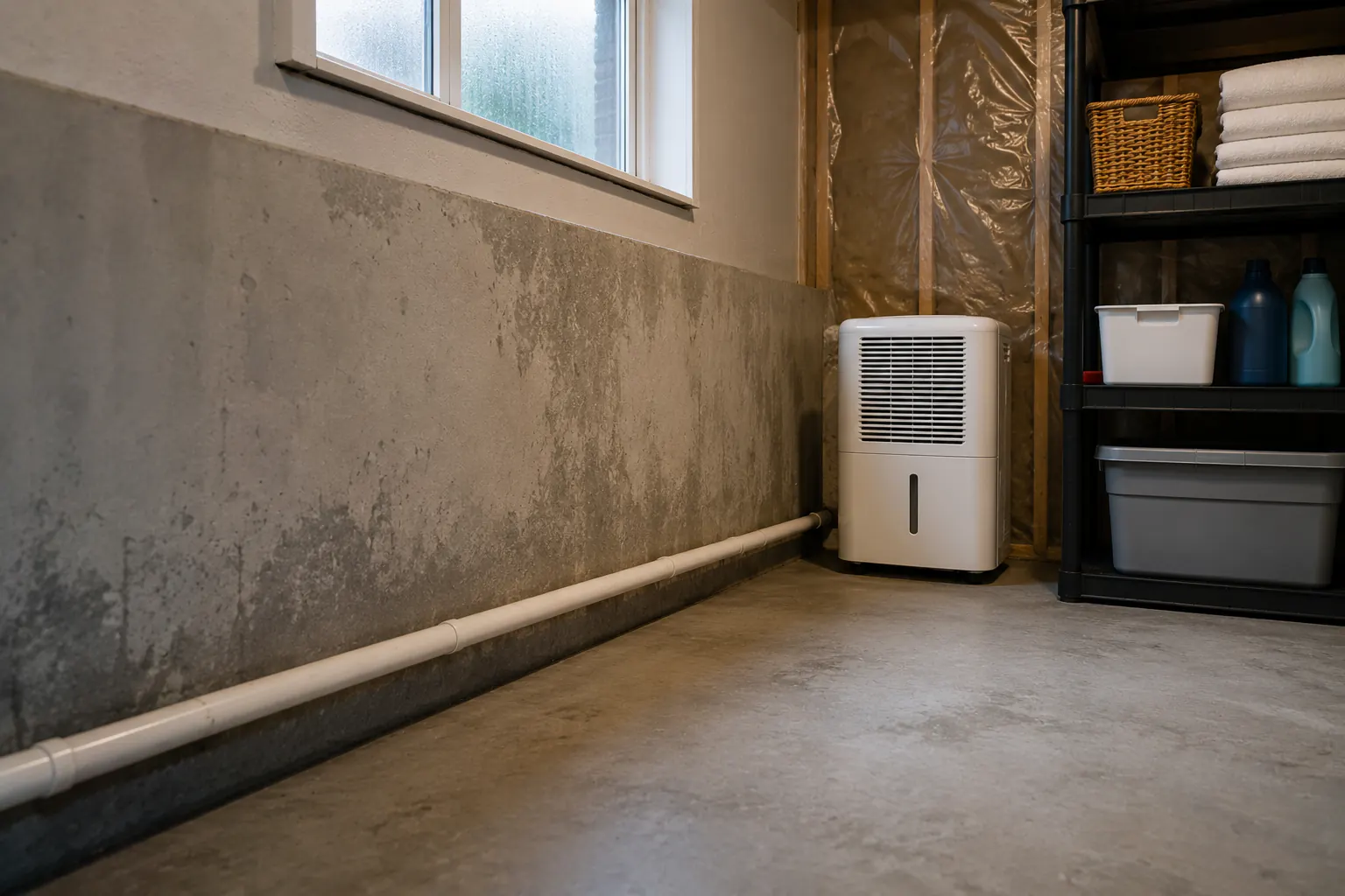 A basement wall with a dehumidifier, storage bins, and moisture staining near exposed framing.