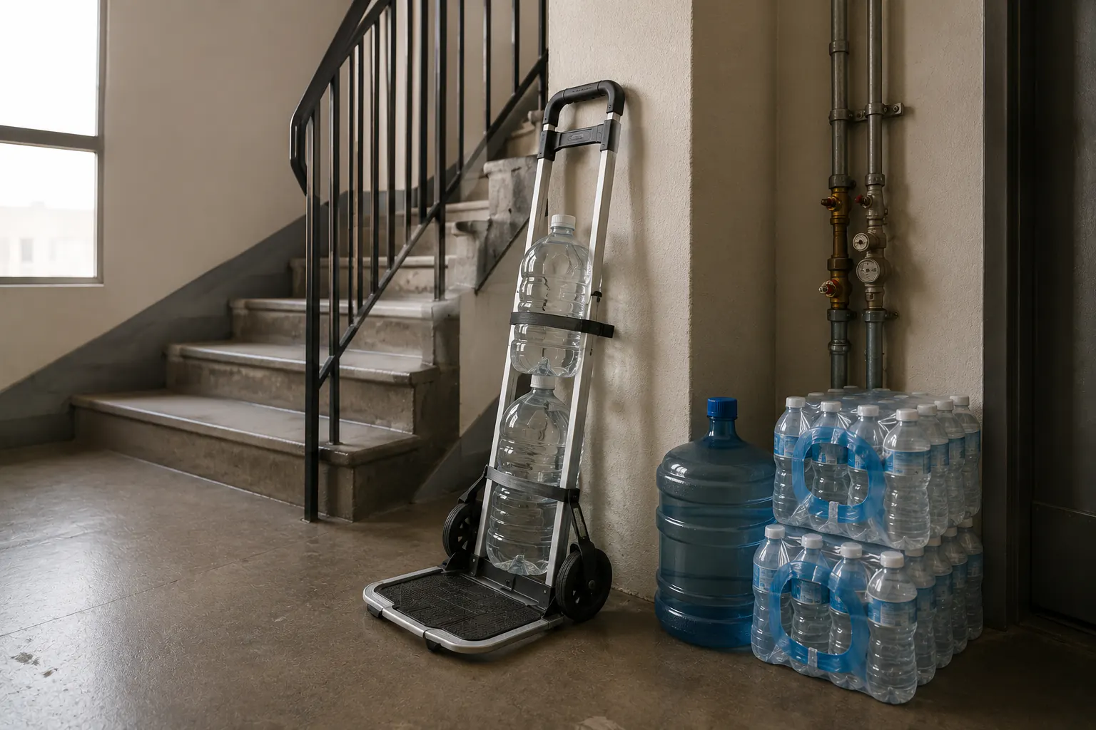 A folding hand cart on an apartment stair landing carrying two sealed water containers strapped upright, with the stairway and handrail unobstructed.