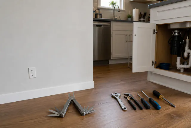 A workbench with a hammer, pliers, screwdrivers, a wrench, a tape measure, and a multitool.