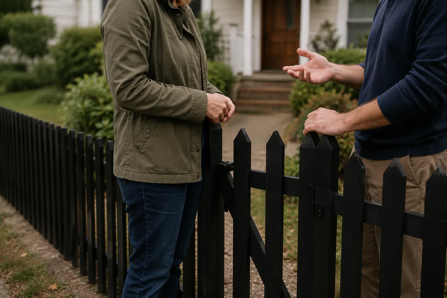 Two neighbours seen from behind on a residential front walkway, standing several feet apart in conversation, one holding a phone with the screen turned inward.
