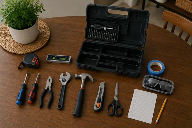 An overhead first-home toolkit being organized beside an open box: tape measure, level, ratcheting driver with closed bit case, screwdrivers, pliers, wrench, small hammer, closed utility knife, scissors, painter's tape, and safety glasses in a case.