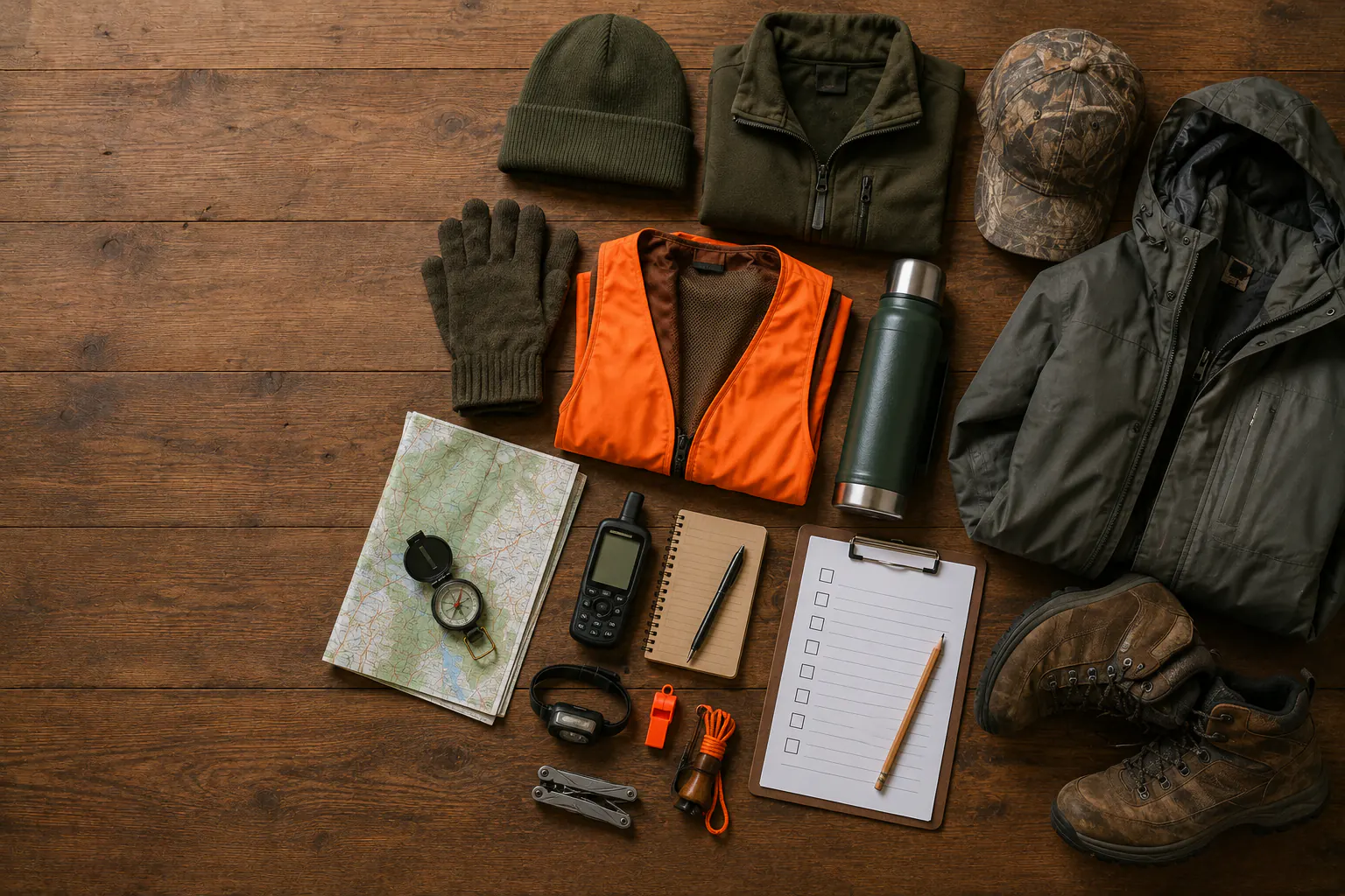 Hunting clothing, boots, a map, compass, radio, and field gear arranged on a wooden bench.