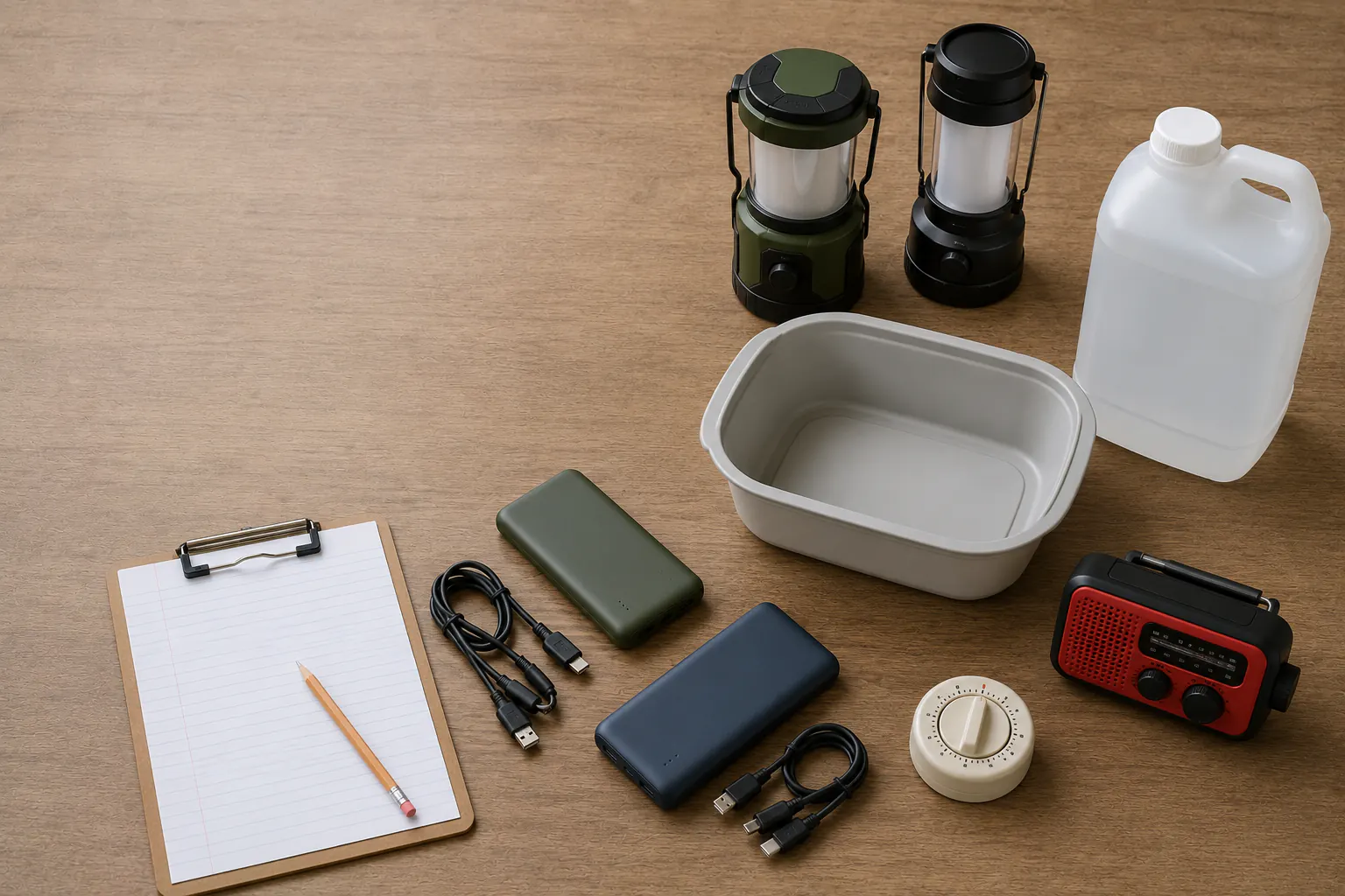 An overhead layout on a dining table of two switched-off battery lanterns, two plain power banks with coiled disconnected cables, and a sealed food-grade water container before a household trial.