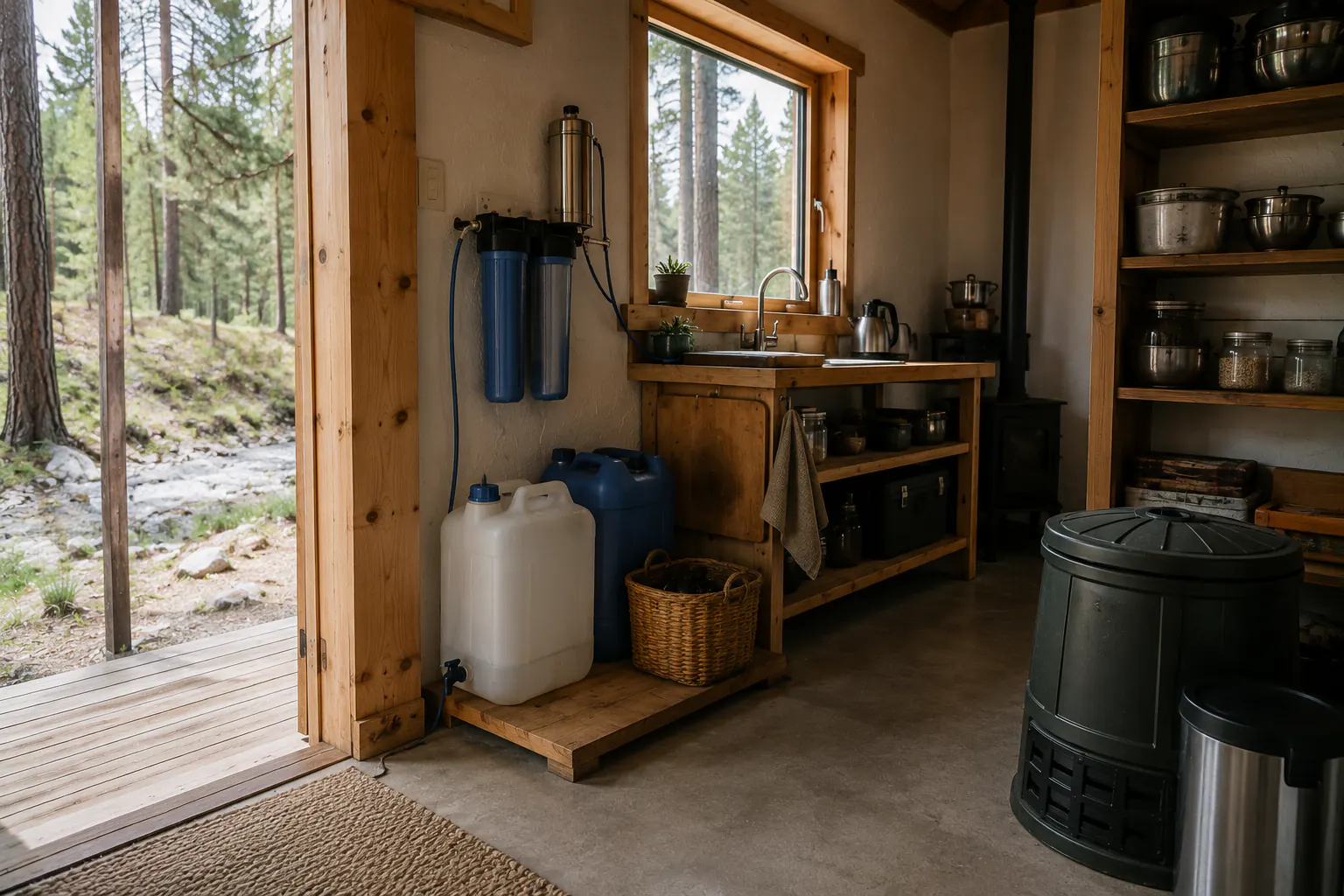 A small off-grid cabin interior with a water container, shelves, and a compact stove.