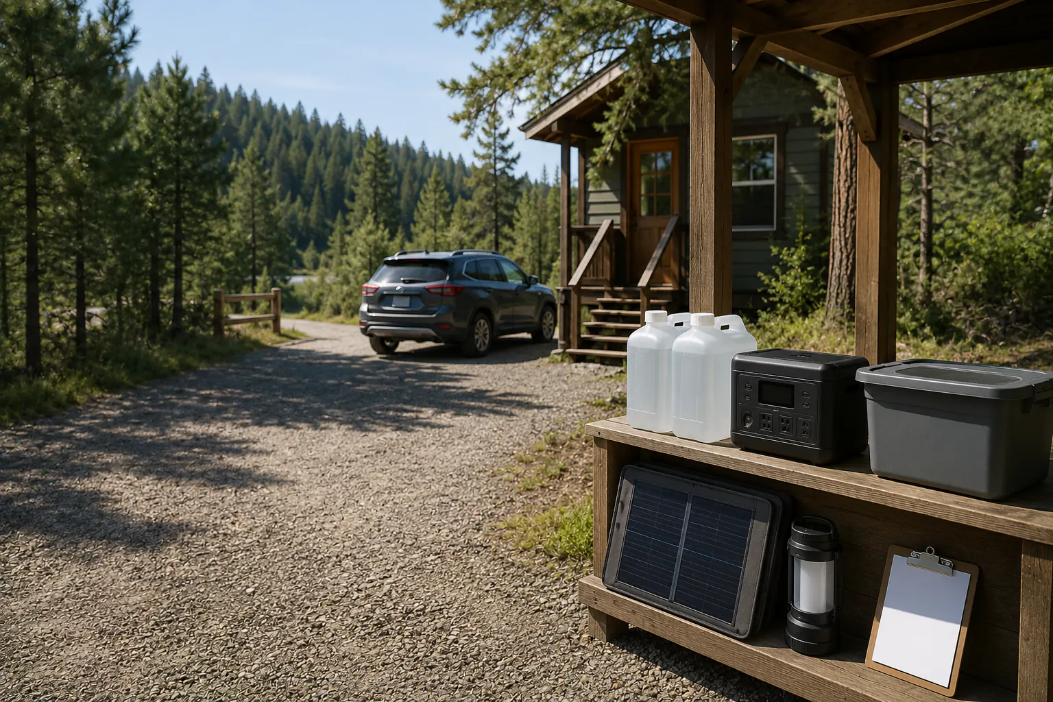 Sealed plain water containers, a switched-off portable power station, and a folded disconnected solar panel under a roofed open work area outside a modest cabin at a maintained site.