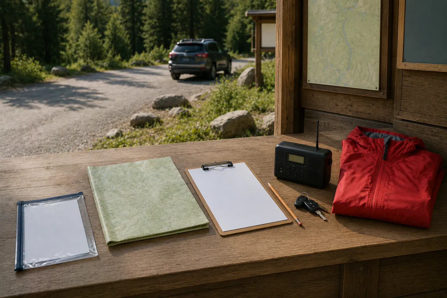 A folded unlabelled topographic-style map, a blank clipboard, a pencil, a switched-off weather radio with a blank display, and car keys on a campground information counter.