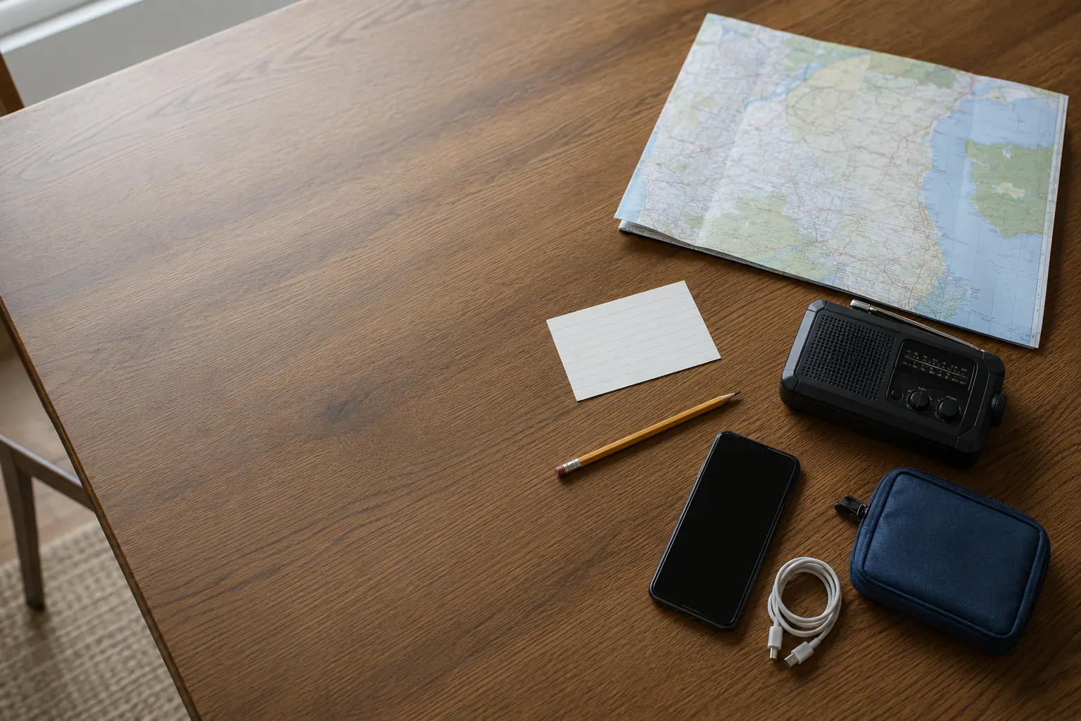 A folded paper map, a battery radio, a blank index card, a pencil, a phone, and a cable pouch on a table.