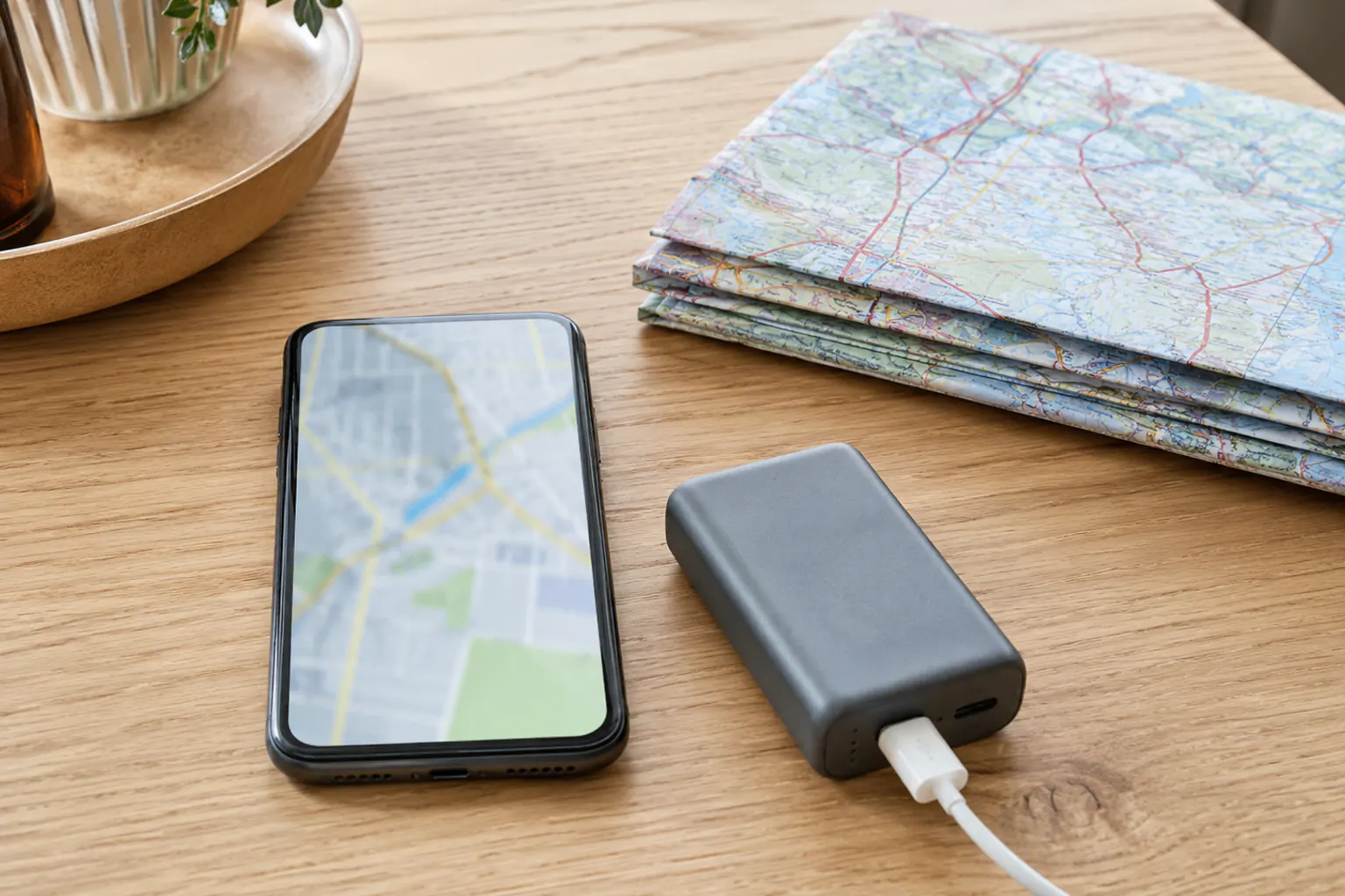 A smartphone on a wood table showing a generic non-legible map, beside a folded paper road map and a power bank on a charging cable.