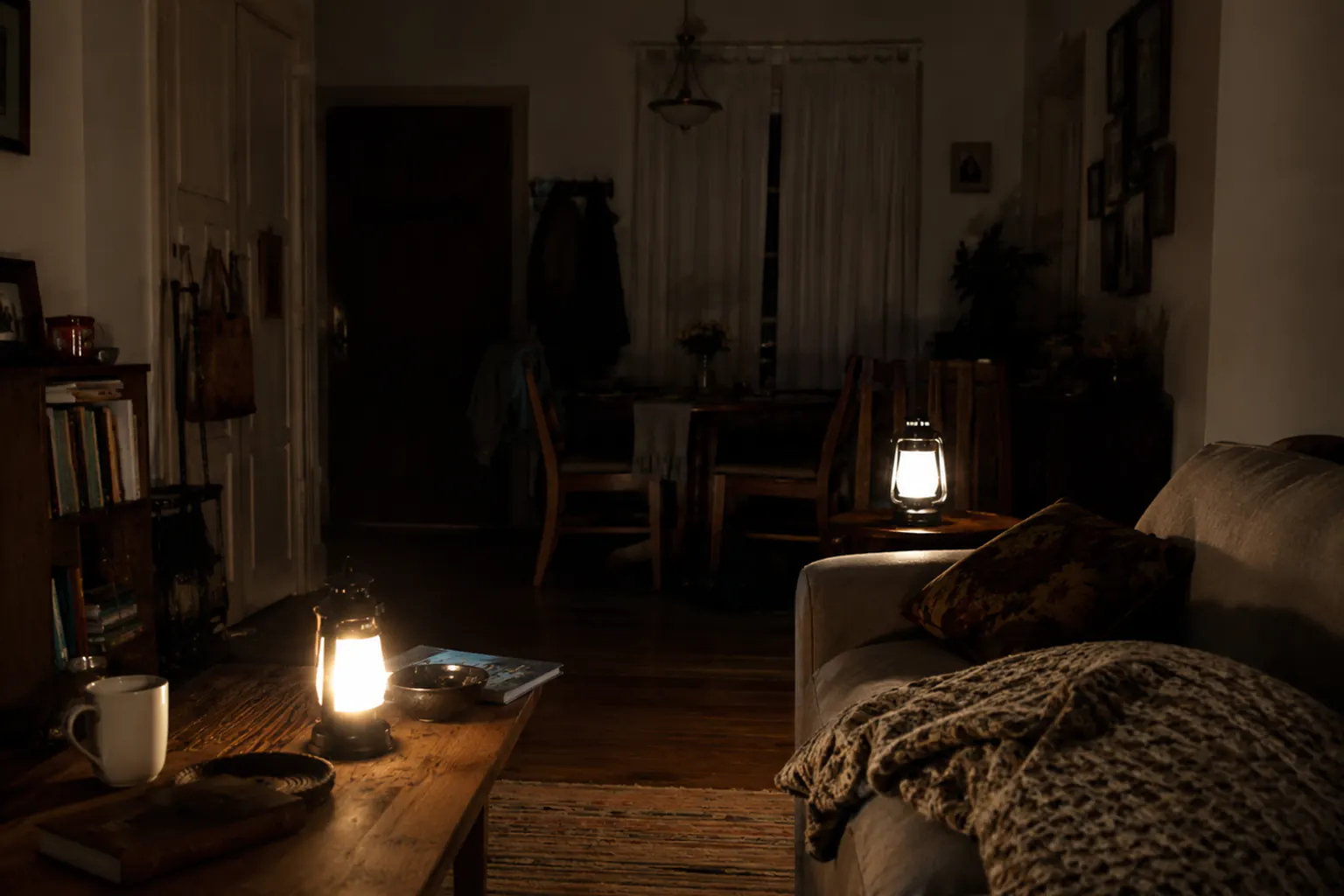 A modest living room during a nighttime power outage, lit softly by two battery lanterns, curtains drawn, calm and clearly occupied with no one visible.