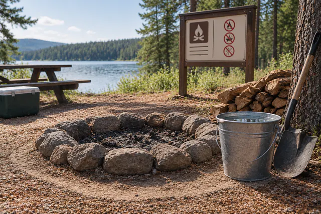 An empty fire ring beside a posted fire-safety sign and a bucket near a forested lake.