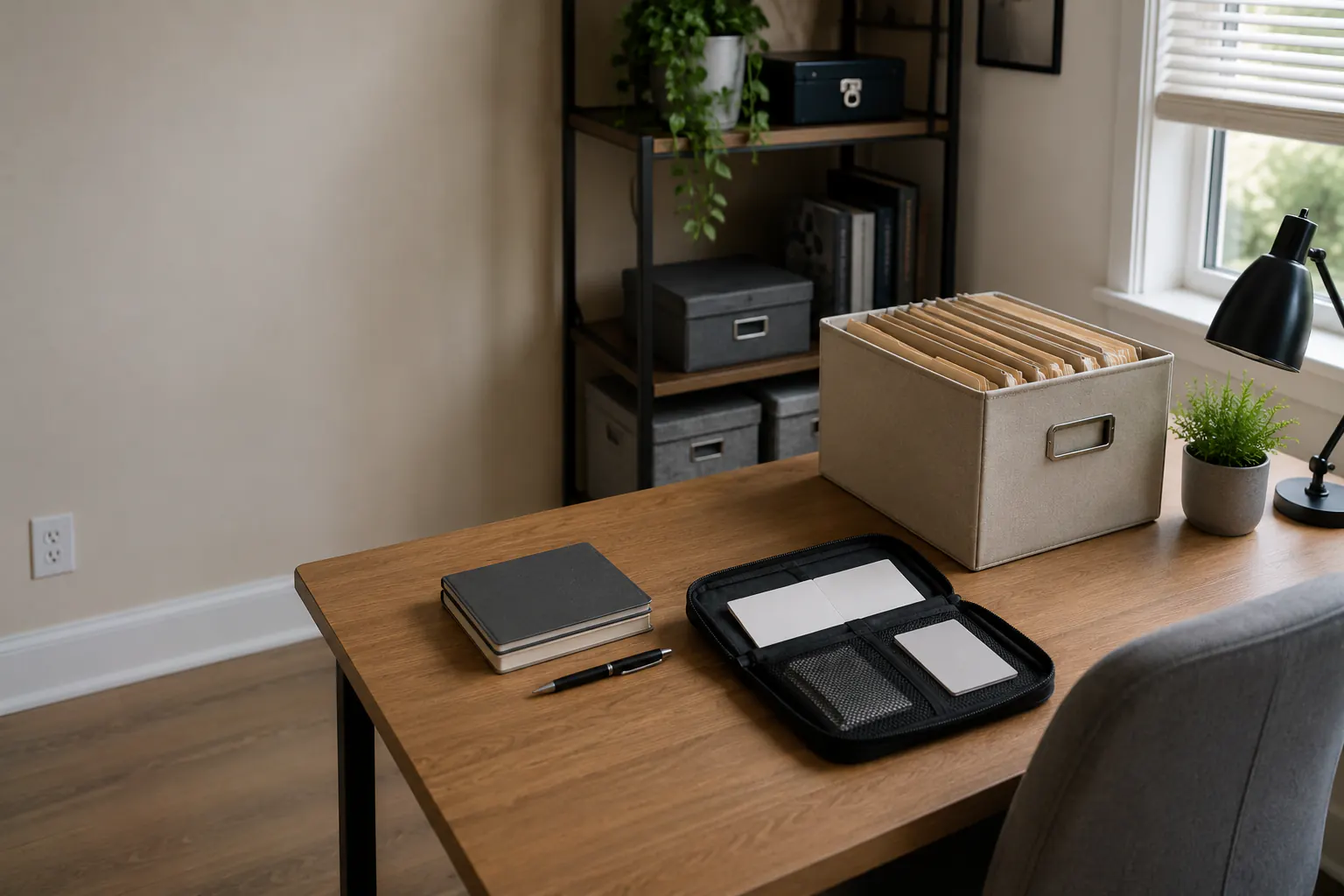 A closed notebook and a sealed envelope on a clean desk beside a laptop, nothing readable on either.