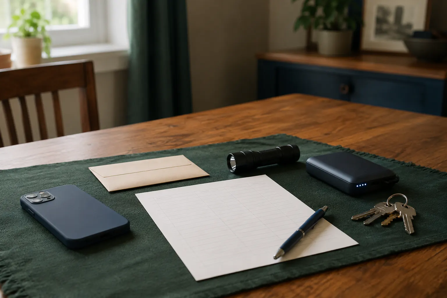 A blank planning grid, a sealed envelope, a power bank, a flashlight, keys, and a phone on a dining table.