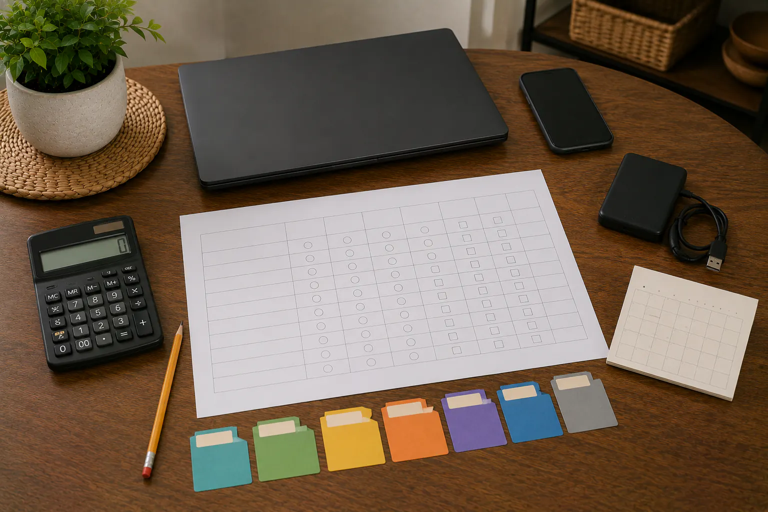 An overhead backup-audit workspace with a blank matrix of unlabeled rows and checkboxes, text-free category tabs, a pencil, a blank-display calculator, a closed laptop, a phone, a disconnected external drive, and a blank calendar card.
