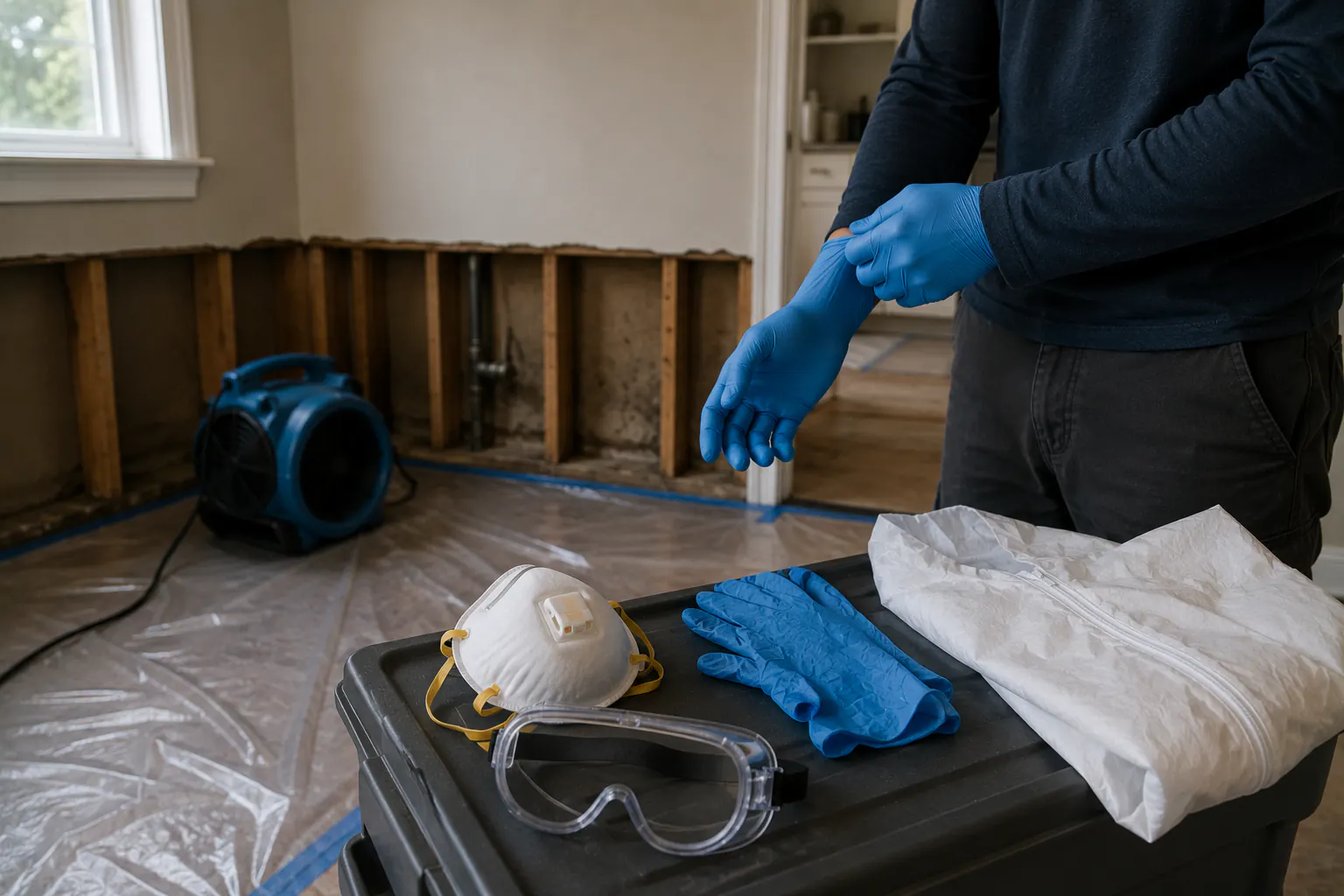Unused protective equipment laid out on a clean surface before cleanup: gloves, a respirator, eye protection, and disposable coveralls.
