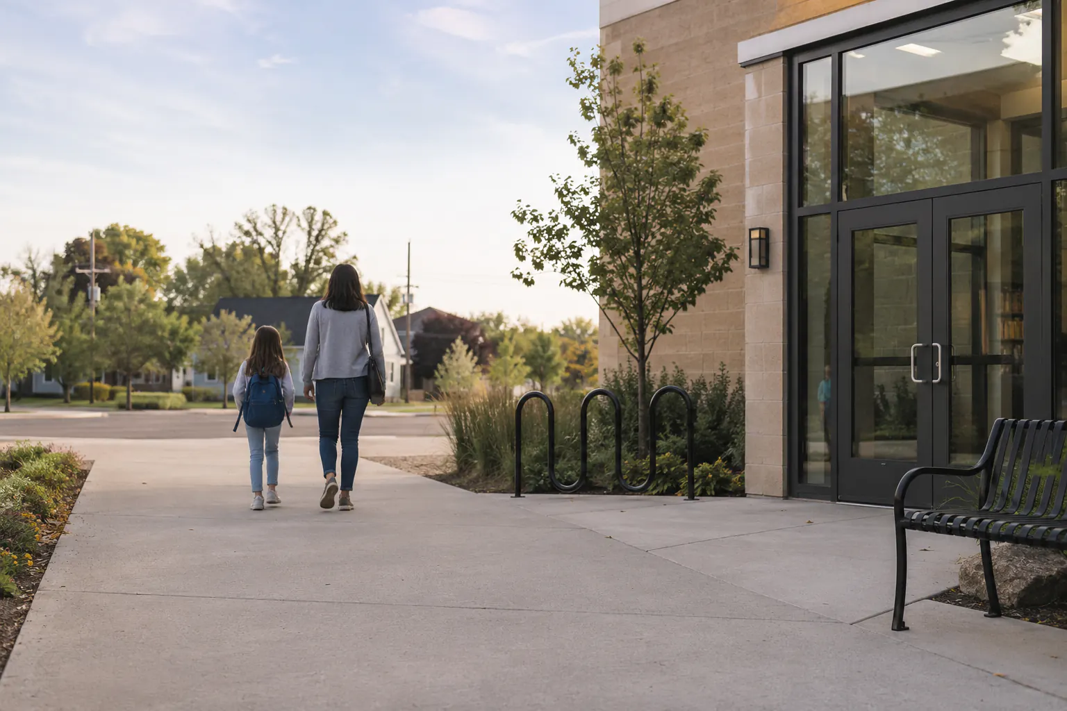 An adult and a child seen from behind walking along a clear sidewalk toward a public building entrance.