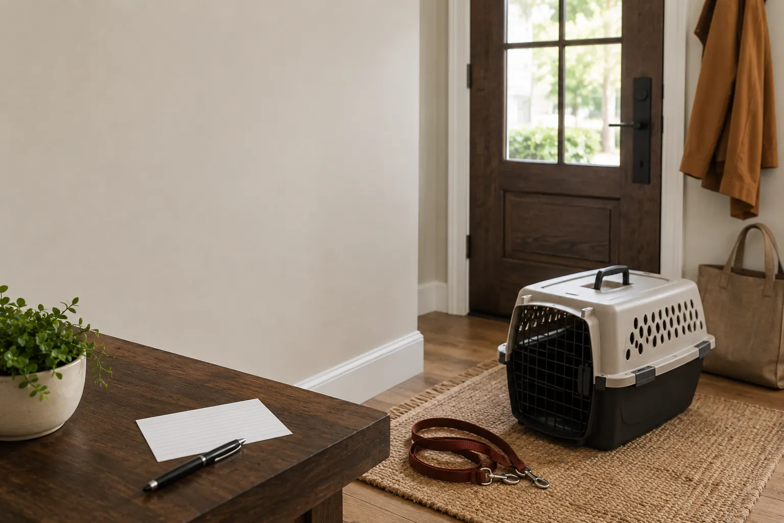 A pet carrier and leash staged by a front door, with a blank index card and pen on a small entryway table.