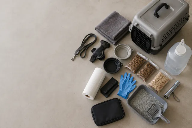 An overhead flat lay of a closed hard-sided pet carrier, a plain leash and harness, two collapsible bowls, sealed blank food portions, and a compact first-aid pouch on a neutral floor.