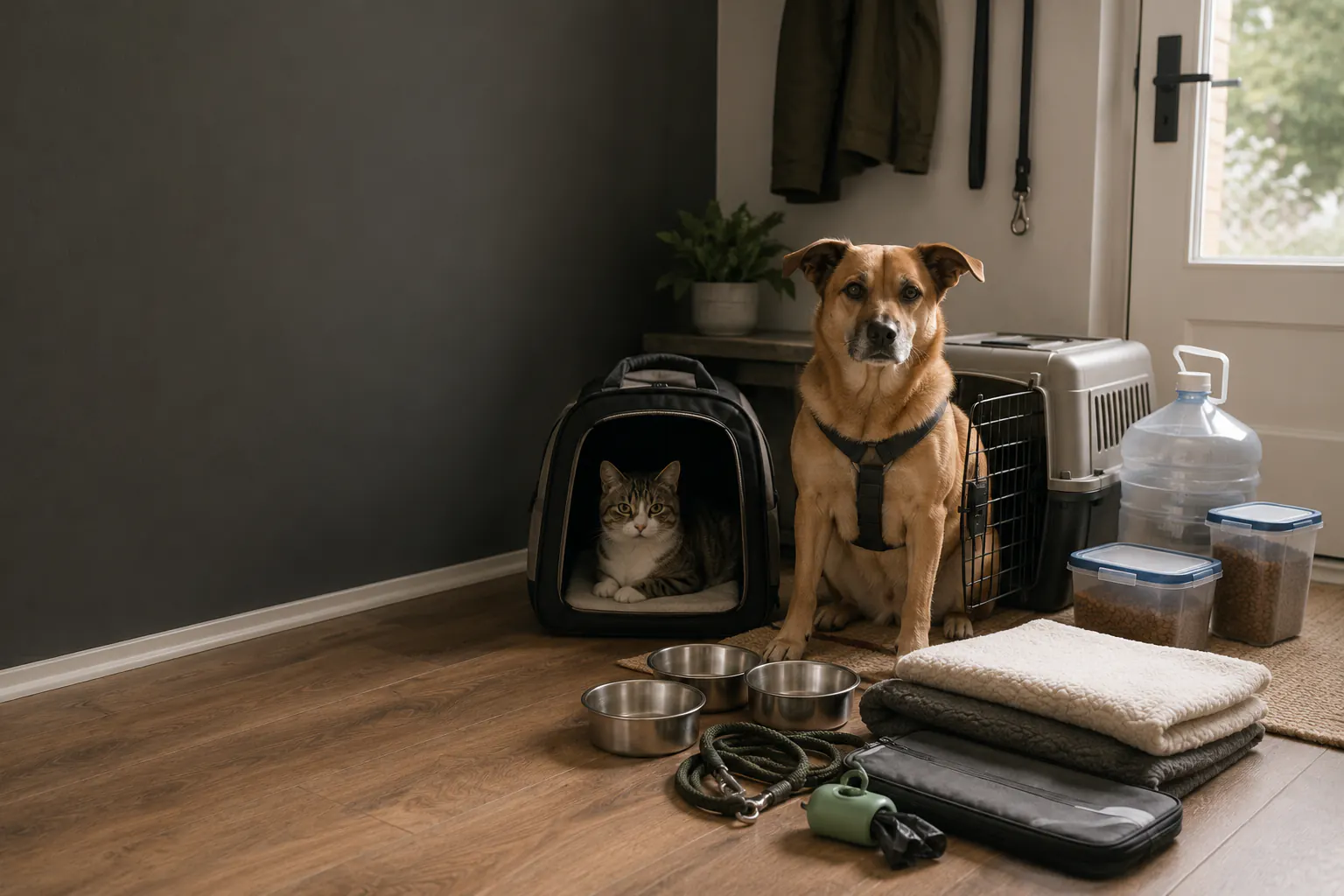 A relaxed mixed-breed dog in a plain harness sitting beside an open hard-sided carrier, with a cat resting inside a separate secure carrier, in a tidy home entry during calm preparation.
