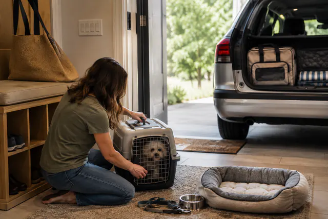 A closed pet carrier and a folded blanket beside a packed bag near a doorway, no animal or person shown.
