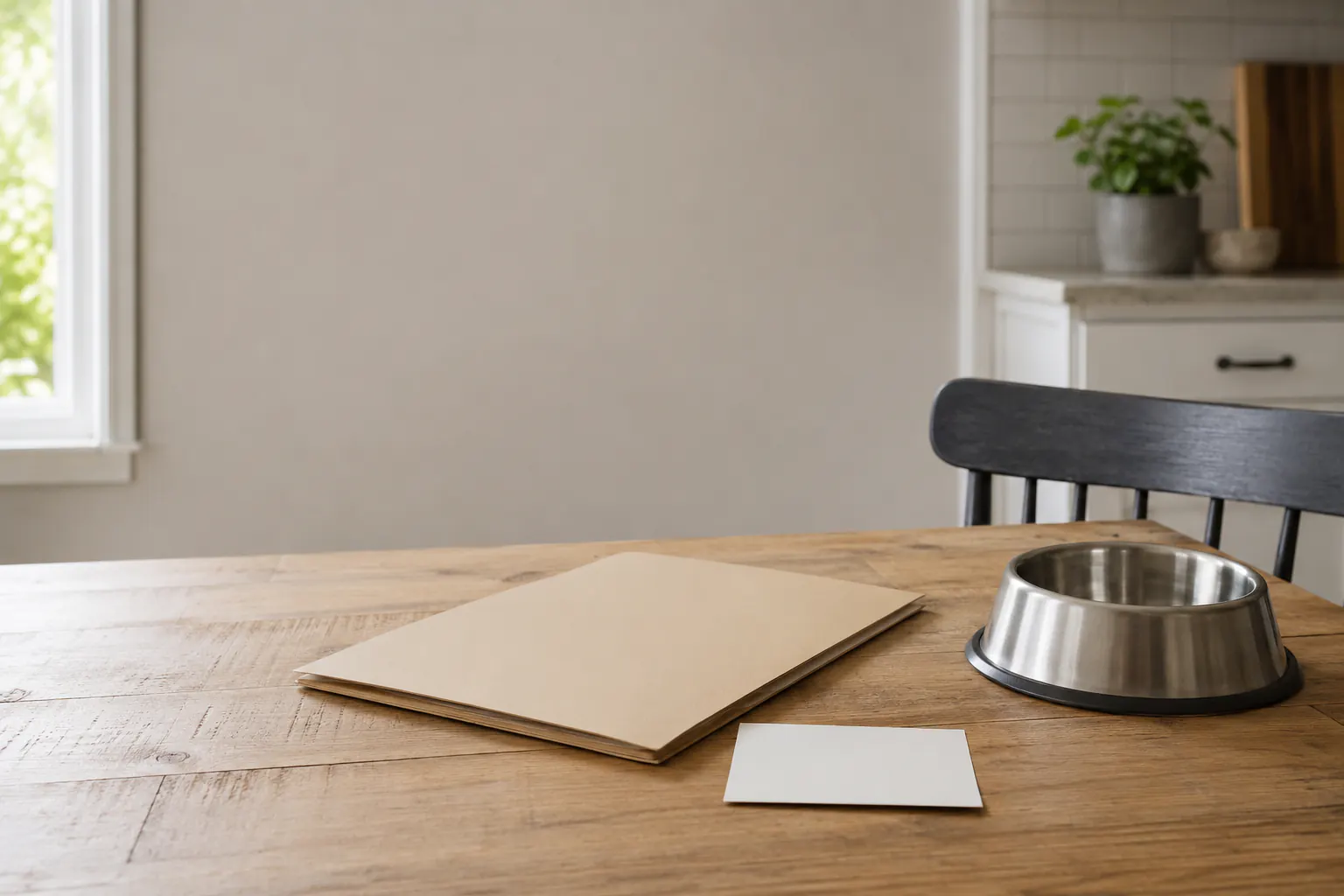 A closed folder and a small blank contact card on a kitchen table beside an empty pet food bowl.