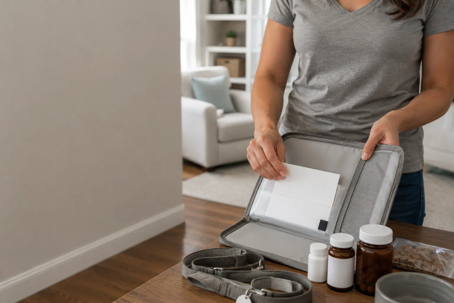 A closed document pouch, a pet carrier, and a plain collar with tag arranged on a clean surface, no readable text.