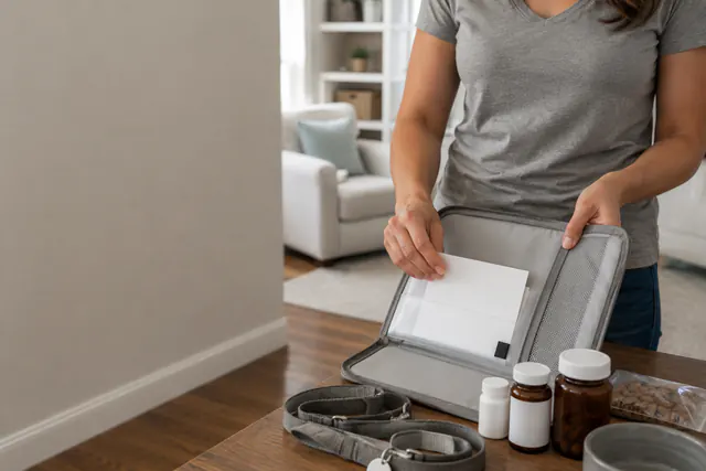 A closed document pouch, a pet carrier, and a plain collar with tag arranged on a clean surface, no readable text.