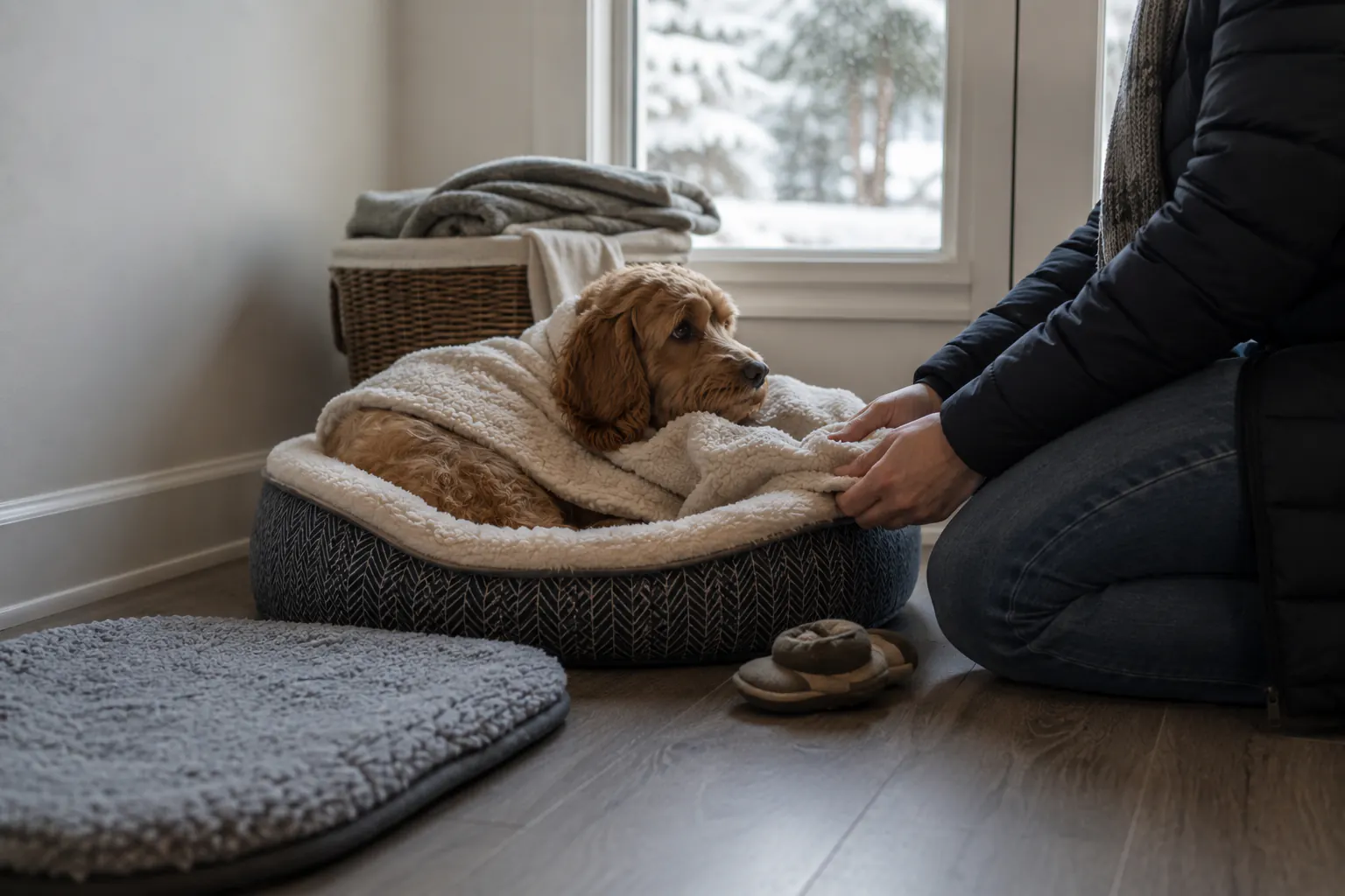 A folded pet blanket, a raised bed, and a closed carrier in a warm interior room during winter, no animal present.